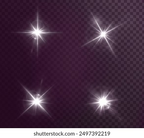 Flash, realistic highlights, glowing effects, camera light, sunlight reflection, stars, isolated highlights, sparkling highlights. Isolated on transparent background, png. Celestial, space	
