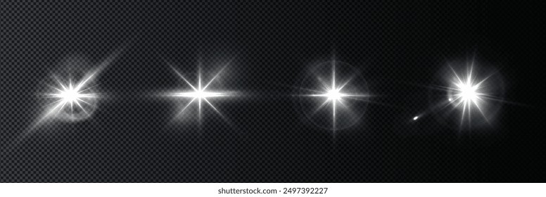 Flash, realistic highlights, glowing effects, camera light, sunlight reflection, stars, isolated highlights, sparkling highlights. Isolated on transparent background, png. Celestial, space	
