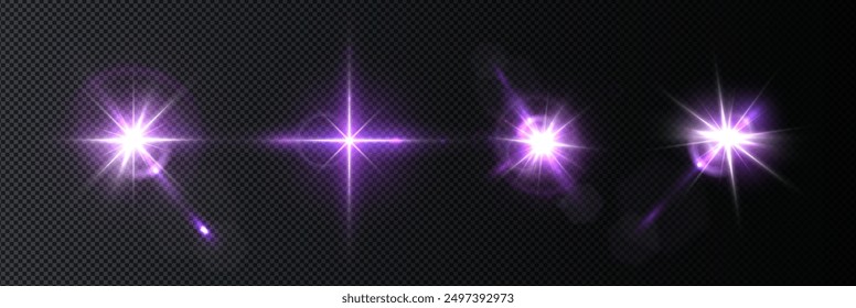 Flash, reflejos realistas, efectos brillantes, luz de la cámara, reflejo de la luz solar, estrellas, reflejos aislados, reflejos brillantes. Aislado sobre fondo transparente, png. Celestial, Elementos espaciales	