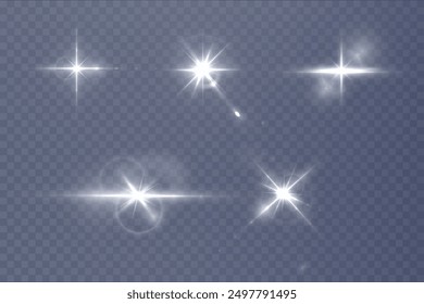 Flash, realistic highlights, glowing effects, camera light, sunlight reflection, stars, isolated highlights, sparkling highlights. Isolated on transparent background, png. Celestial, space elements	
