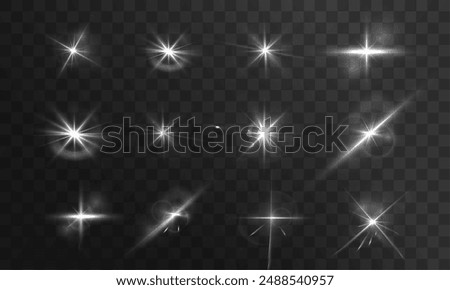 Flash, realistic highlights, glowing effects, camera light, sunlight reflection, stars, isolated highlights, sparkling highlights. Isolated on transparent background, png. Celestial, space elements