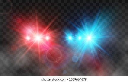 Flash red and blue light police car siren in fog. Vector illustration isolated on transparent background