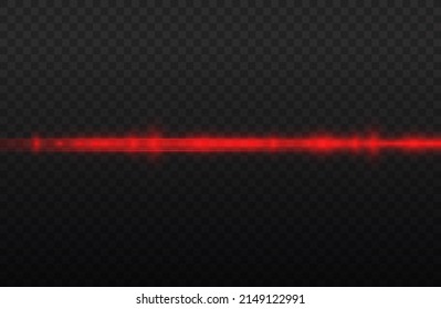 Flash red horizontal lens flares pack, laser beams, horizontal light rays, beautiful light flare, glow red line on transparent background, bright glare, vector illustration, eps 10. 