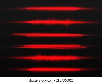Flash red horizontal lens flares pack, laser beams, horizontal light rays, beautiful light flare, glow red line on transparent background, bright glare, vector illustration, eps 10. 