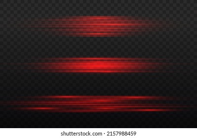Flash red horizontal lens flares pack, laser beams, horizontal light rays, beautiful light flare, glow red line on transparent background, bright glare, vector illustration, eps 10. 