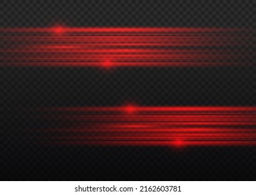 Paquete de bengalas horizontales de lente rojo flash, vigas láser, rayos de luz horizontales, bellos bombillas, línea roja brillante sobre fondo transparente, resplandor brillante, ilustración vectorial, eps 10. 