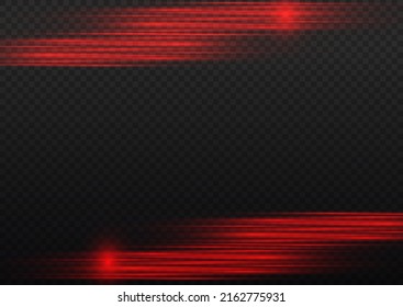 Flash red horizontal lens flares pack, laser beams, horizontal light rays, beautiful light flare, glow red line on transparent background, bright glare, vector illustration, eps 10. 