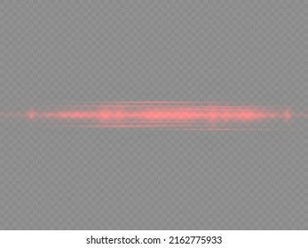 Flash red horizontal lens flares pack, laser beams, horizontal light rays, beautiful light flare, glow red line on transparent background, bright glare, vector illustration, eps 10. 