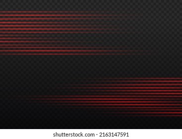 Paquete de bengalas horizontales de lente rojo flash, vigas láser, rayos de luz horizontales, bellos bombillas, línea roja brillante sobre fondo transparente, resplandor brillante, ilustración vectorial, eps 10. 