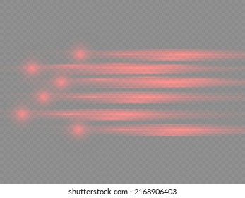 Flash red horizontal lens flares pack, beautiful light flare, glow red line on transparent background, laser beams, horizontal light rays, bright glare, vector illustration, eps 10. 