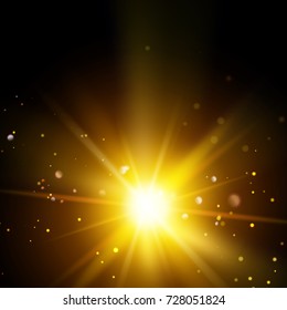 Flash of red light sparkle shines in the dark on black background. Vector illustration.