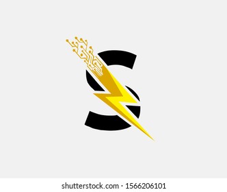 Flash S Letter Logo Icon, Electrical Bolt With Circuit Line Shape and Initial S Letter Logo Design.