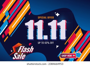 Flash sale 11.11 3D banner template design for web or social media, Special offer up to 65% discount on blue, red, orange, purple background