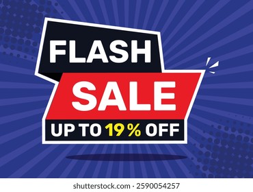 Flash sale up to 19 % off. On blue background with radial rays and blue background.