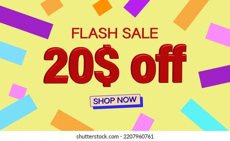 Flash Sale 20$ Rabatt. Verkaufsposter oder Banner mit 3D-Text auf gelbem Hintergrund, Flash Sales Banner Template Design für soziale Medien und Website. Spezielle Angebote Flash-Verkaufskampagnen oder Werbeaktionen.