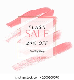 Flash Sale 20% OFF Schild auf rosafarbenem Lippenstift Pinselstrich Farbhintergrund. Vektorgrafik. Abstrakt. 