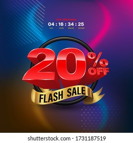 Flash Sale 20 percent in circle gold ribbon banner on colourful background.  Vector illustration for promotion advertising element.