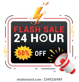 Flash sale 24 hours price off special offer marketing campaign banner with megaphone isometric vector illustration. Shopping retail business promo with lightning discount clearance limited period