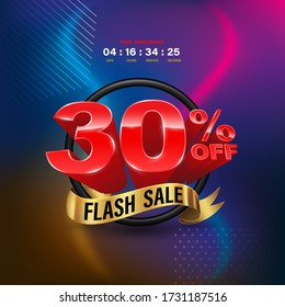 Flash Sale 30 percent in circle gold ribbon banner on colourful background.  Vector illustration for promotion advertising element.