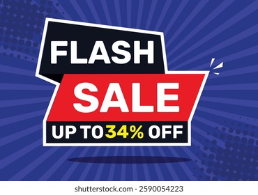 Flash sale up to 34 % off. On blue background with radial rays and blue background.