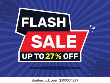 Flash sale up to 37 % off. On blue background with radial rays and blue background.