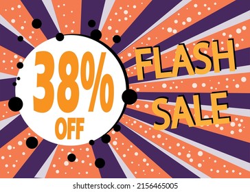 Flash sale 38% off, poster design template, discount banner in white and orange, vector illustration.