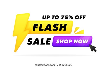 Flash sale 3d banner with lightning bolt. Up to 75 percent off. Banner template for business, shops, advertising , discount, sale. Modern vector illustration.