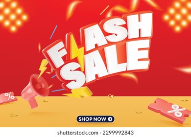 Flash sale 3D-style vector with megaphone and 3D elements are available for use on online shopping websites or in social media advertising.