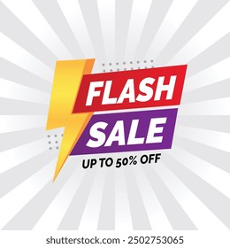 Flash Sale up to 50 Gradient Poster. Online Ecommerce Discount Promotion Typography Template. Lightning Symbol on Closeout Colorful Badge Banner Design Vector Illustration