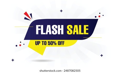 Flash sale up to 50% off banner template design with white background, featuring blue and yellow shapes, perfect for promotions and discounts.