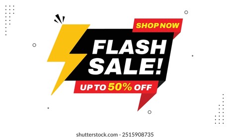 Flash Sale Up to 50% Off Shop Now for Discount Prices Banner Template with Red Yellow Black Shapes on White Background Eye Catching Design Elements for Your Store's Best Deals Don’t Miss Out 