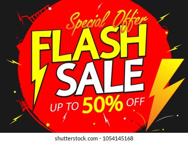 Flash Sale, up to 50% off, special offer, poster design template, vector illustration