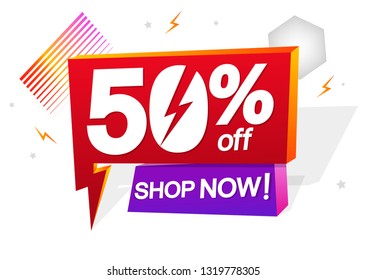 Flash Sale 50% off, speech bubble banner, big offer, mega discount tag design template, app icon, vector illustration