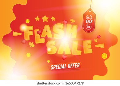 Flash sale of 50% special offer. Horizontal web banner with hot discounts and original font with red hearts on a background with clouds and light effects. Flat vector illustration EPS10