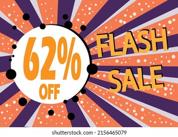 Flash sale 62% off, poster design template, discount banner in white and orange, vector illustration.