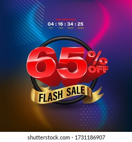 Flash Sale 65 percent in circle gold ribbon banner on colourful background.  Vector illustration for promotion advertising element.