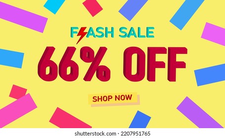 Flash Sale 66% Discount. Sales poster or banner with 3D text on yellow background, Flash Sales banner template design for social media and website. Special Offer Flash Sale campaigns or promotions.