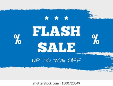 Flash Sale Up To 70% Off. Rectangular discount poster, banner, coupon, flyer. Sketch, grunge, watercolour, paint, splash. Gray, blue, white. Vector illustration.