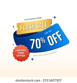 Até 70% de desconto em vendas flash com faixa de promoção de oferta por tempo limitado. Projeto vetorial para promoção de dia de compras, compras on-line, oferta especial, programa de marketing, promoção, mídia social post headline