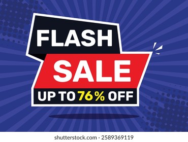 Flash sale up to 76 % off. On blue background with radial rays and blue background.