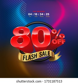 Flash Sale 80 percent in circle gold ribbon banner on colourful background.  Vector illustration for promotion advertising element.