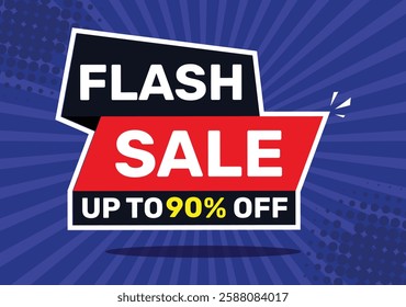 Flash sale up to 90 % off. On blue background with radial rays and blue background.