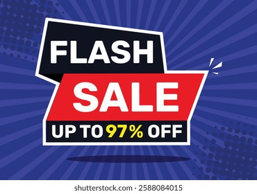 Flash sale up to 97 % off. On blue background with radial rays and blue background.