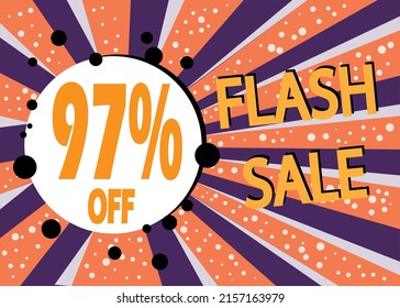 Flash sale 97% off, poster design template, discount banner in white and orange, vector illustration.