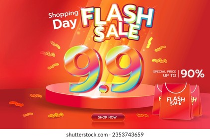 Flash sale 9.9 illustration Poster, Banner Vector Sale discount price, Ads for website, Social media, Shopping online. Backdrop, Rollup artwork.