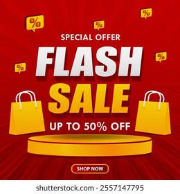 Flash sale advertising design on red background. with podium and bags design for web, social media, business, discount shopping, sales promotion and advertising