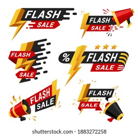 Flash sale badge set, trendy shopping offers. Market advertising collection. Vector flash sale cartoon illustration isolated on white background