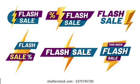 Flash sale badges. Lightning bolt offer, flashes sales badge and trendy shopping offers vector illustration set
