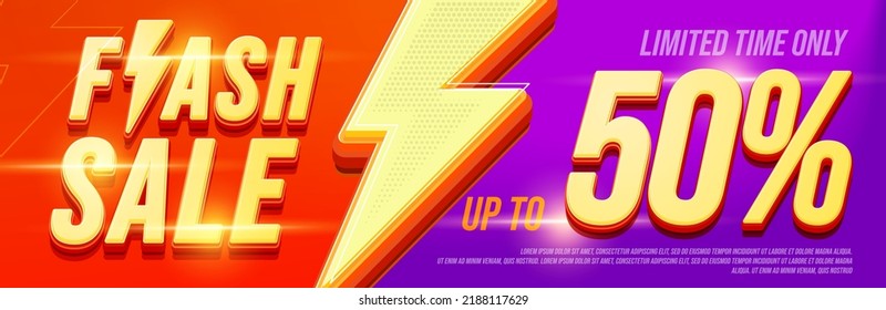 Flash sale banner. Up to 50 percent price reduction. Limited time for shopping with flash sale discount. Flash shock wholesale advertisement for social media vector illustration. Half price flash sale