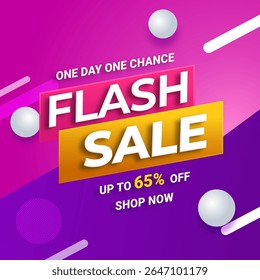 Banner de venda flash com até 65% de desconto. Ilustração vetorial. Obtenha 65% de desconto. Pôster de venda flash para mídia social e anúncios na web. Um dia, uma chance. Compre agora.